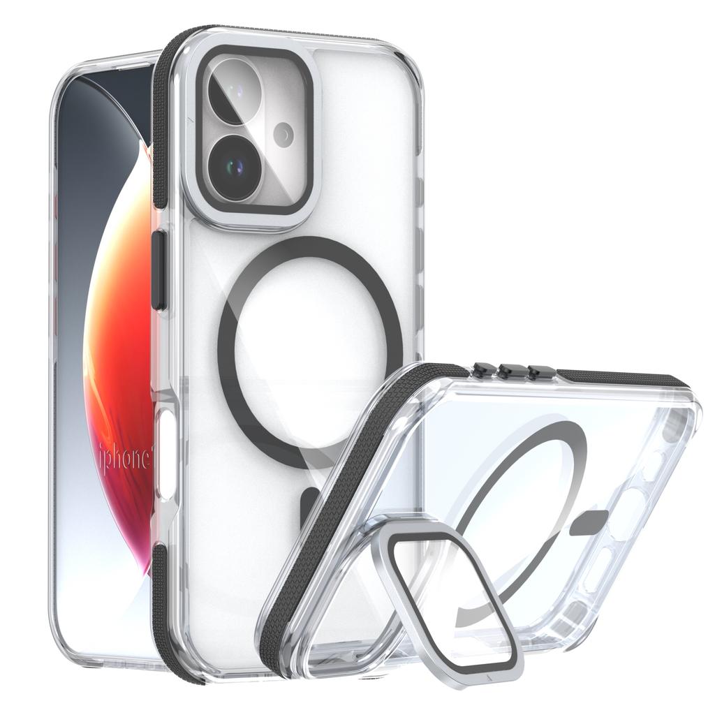 For iPhone 17 Magnetic Case TPU Acrylic Clear Phone Back Cover with Lens Protector Kickstand