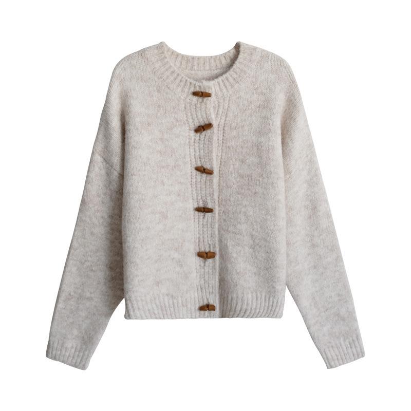 Осенне-зимний женский свитер в стиле ретро, ​​однотонный свитер на пуговицах с бычьим рогом, куртка, ленивый свободный мягкий вязаный кардиган с круглым вырезом, верхняя одежда
