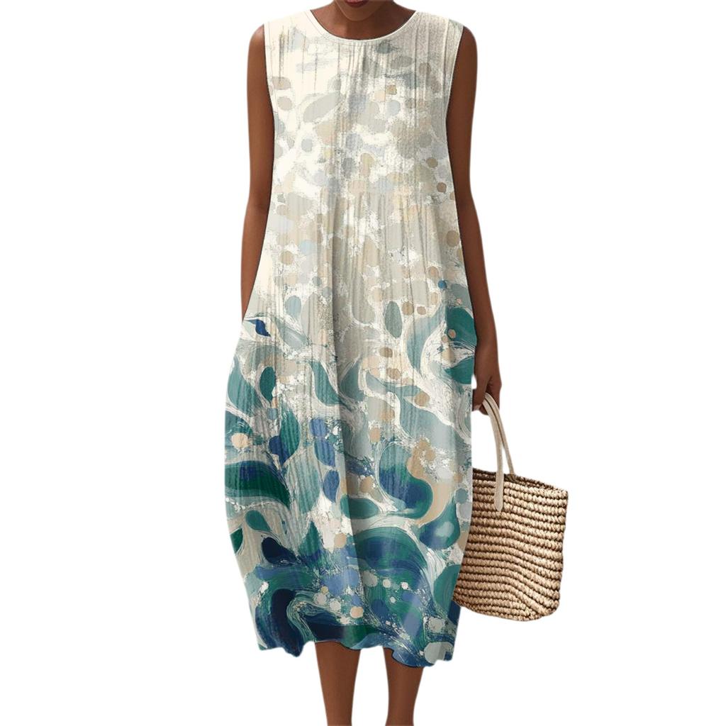 Женское модное повседневное платье без рукавов с круглым вырезом и цветочным принтом, элегантное, темпераментное
