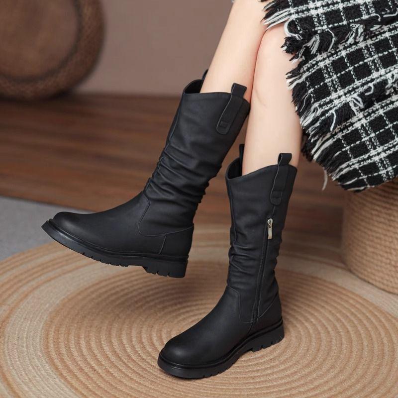 Женские мартинсы до середины икры на плоском каблуке 2025 - Новый весенне-осенний стиль с бархатной подкладкой, идеально подходят к юбкам