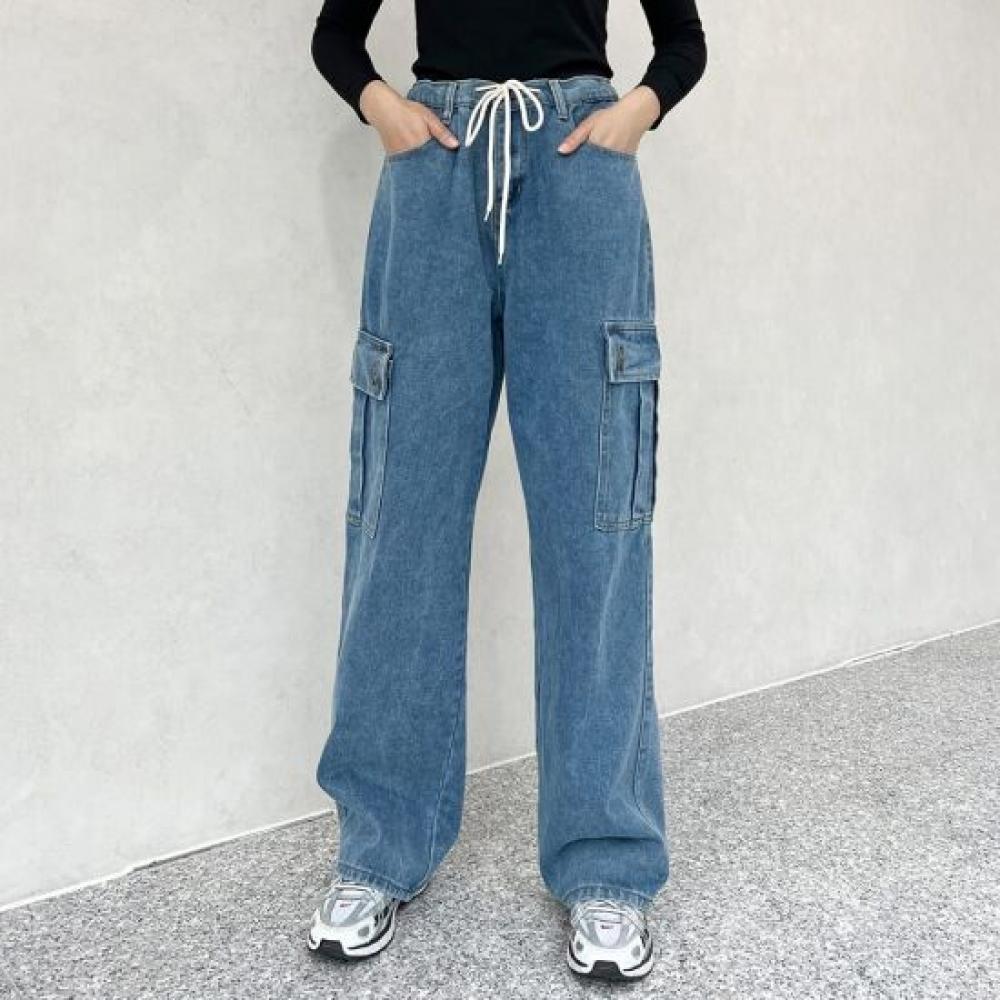 Mizqz Waist Tie Cargo Pants Wide Denim Pants Big Size Fxl