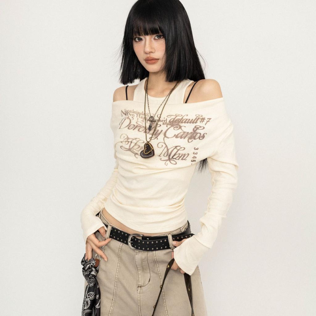 Американские винтажные топы с принтом, женские однотонные футболки Y2k с открытыми плечами и длинными рукавами, женские, с защипнутой талией, для похудения, поддельные два топа