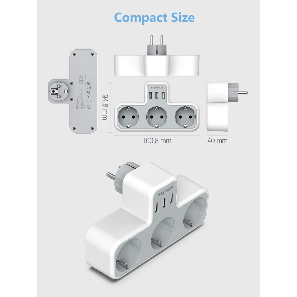 Tessan USB-адаптер с 3 розетками переменного тока и 2/3 USB-портами для зарядки, многоразовый удлинитель с вилкой европейского стандарта, для смартфона, планшета, MP3