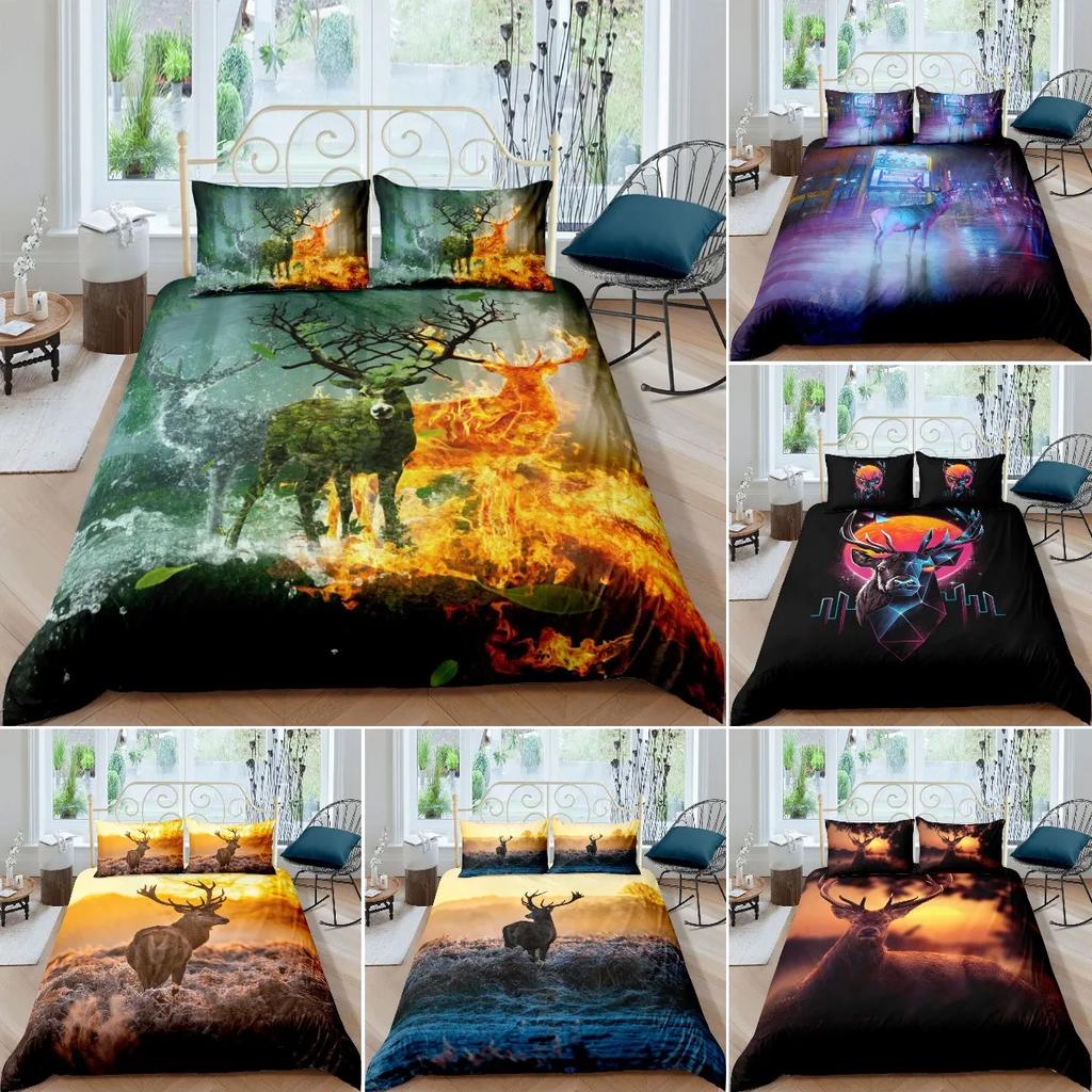 Пододеяльник Олень Кинг/Квин Сайз, дикая природа Олени Огонь Принт Постельное белье Набор Для Подростков Взрослых Мужчин, Коричневый Лось Животное Пододеяльник