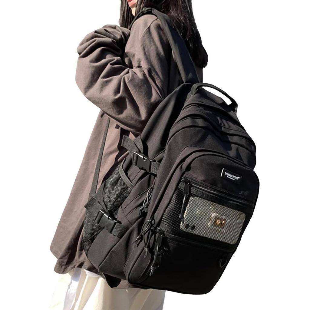 Large School High School Town PC Multiple Mesh Black [HeiDiga] Women's Backpack, Capacity, Rucksack, Lightweight, Waterproof, Korean, Girls, Backpack,