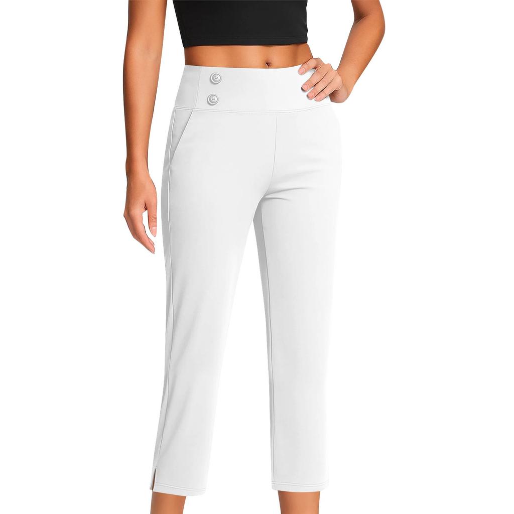 Women's Fashionable Solid Color Straight Leg Pants With High Waist Button Pockets And Elastic Waist Casual Pants