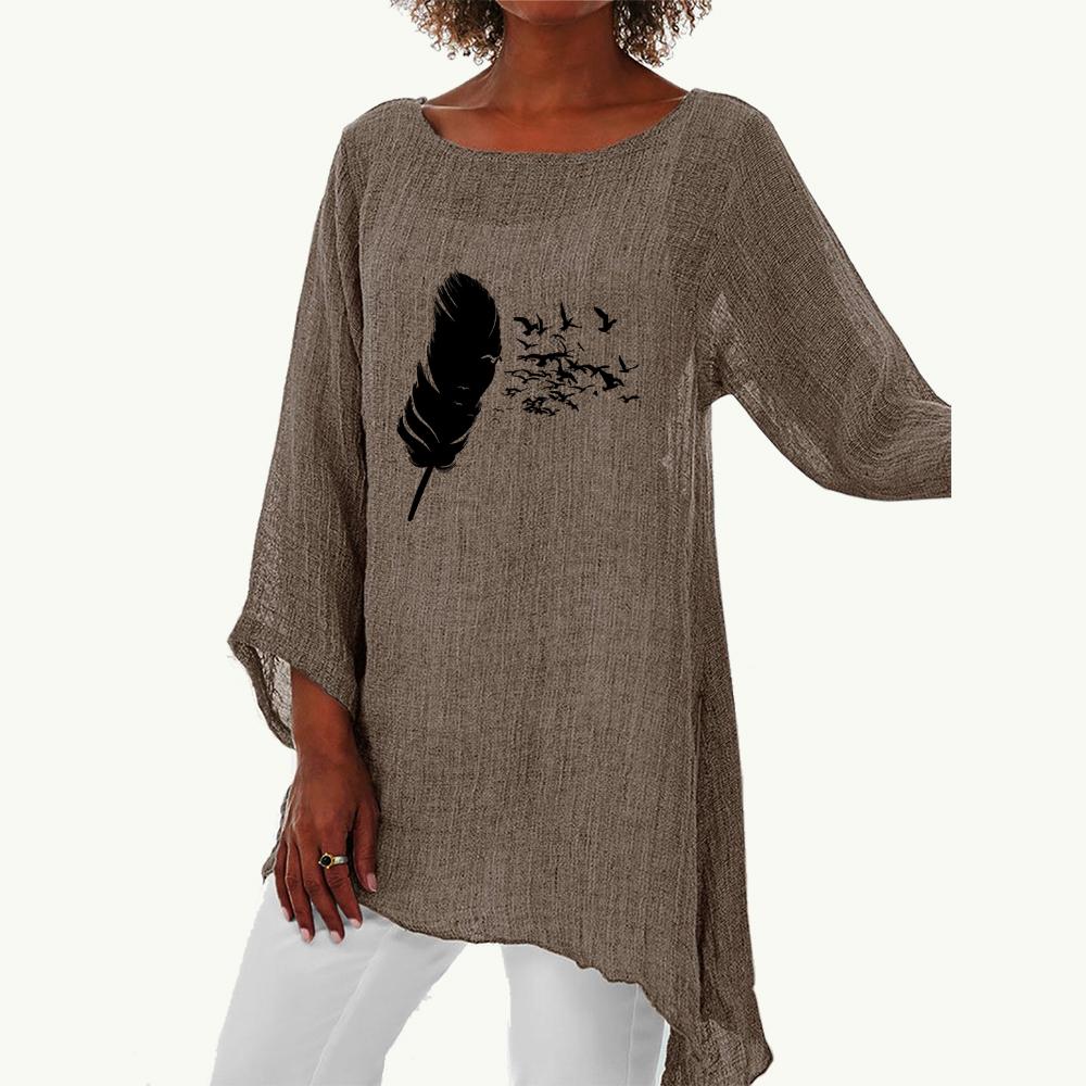 Женская весенне-летняя модная длинная рубашка, женская повседневная тонкая рубашка с длинным рукавом 3/4, свободная рубашка размера плюс с круглым вырезом и принтом
