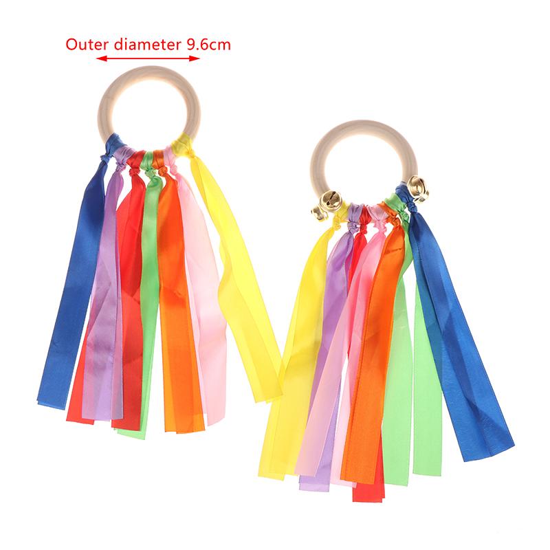 Красочные ленты танцевальный реквизит Радужный шелк Деревянные кольца колокольчики для рукопожатия для детских садов