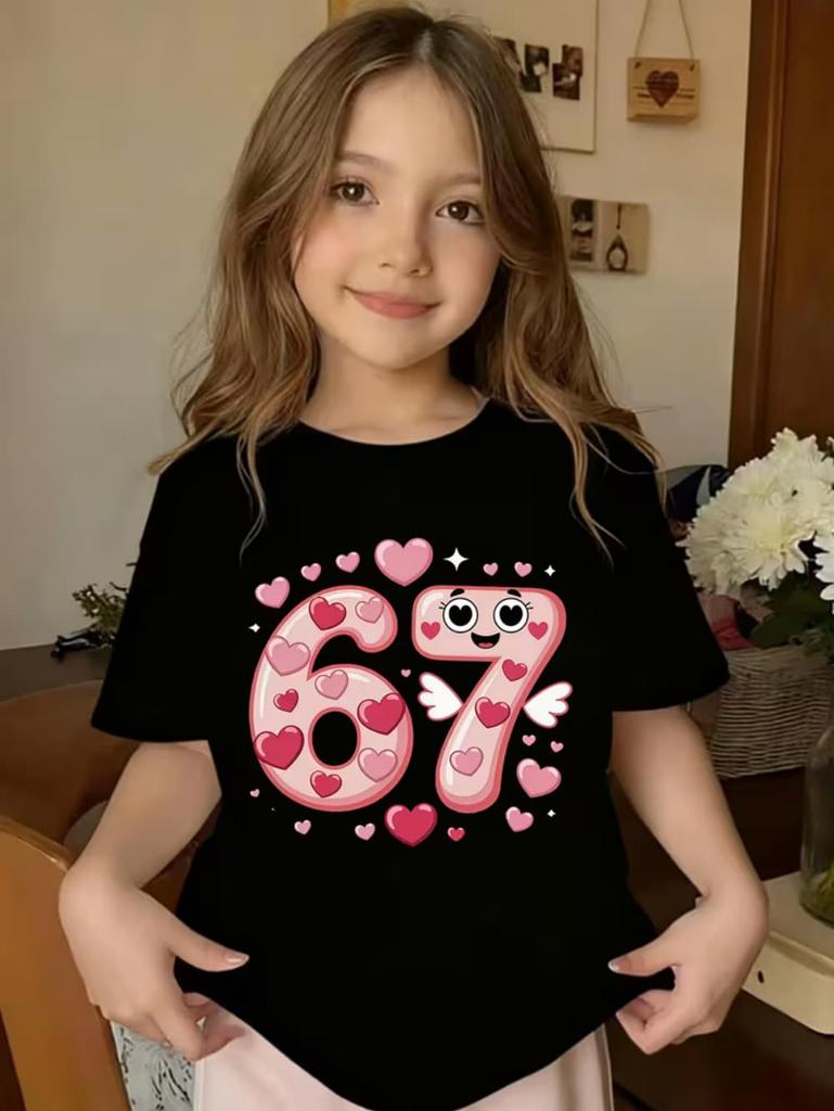 Valentine 67 Six Seven Meme Print T-Shirt 67 Number Round Neck Cute Casual Short Sleeve Comfortable T-Shirt Children's Clothing