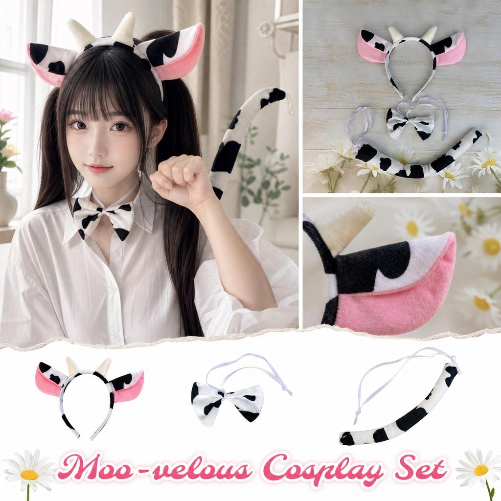 Cow Costume Accessories Set Headband with Horns Tie and Tail for Halloween Cosplay