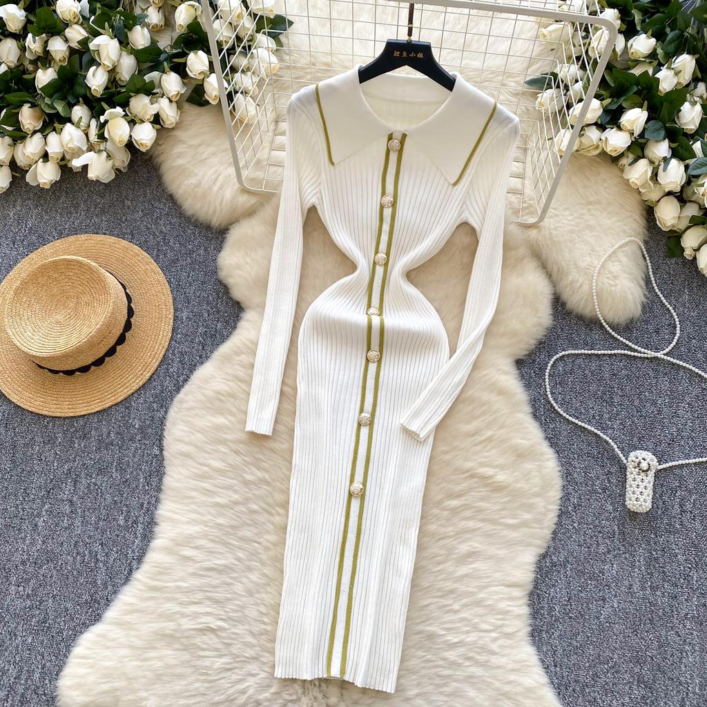 Autumn Winter Women Knitted Dresses 2024 Vintage Patchwork Striped Long Sleeve Bodycon Sexy Chic Long Dress