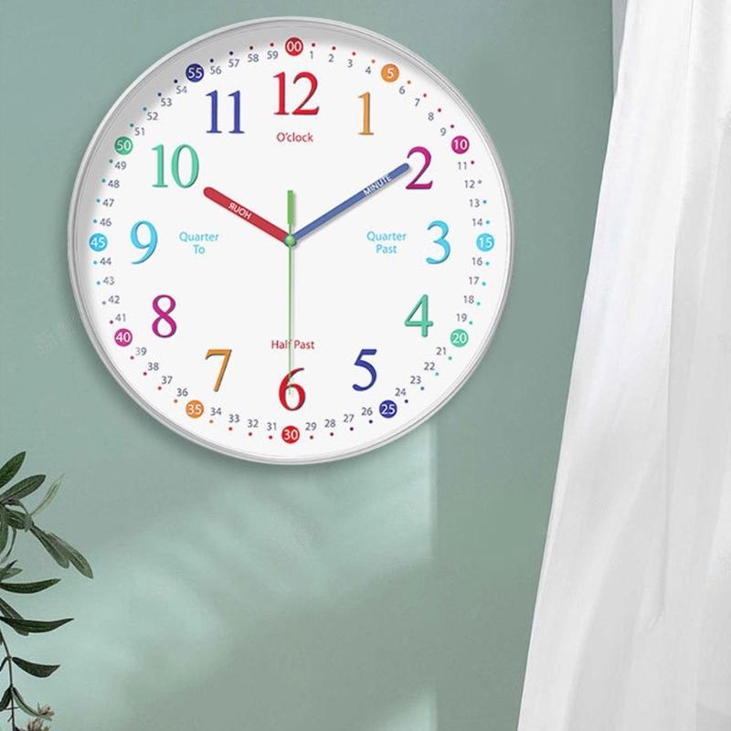 Colorful Kids Teaching Wall Clock Quiet Battery Operated Telling Time Learning Clock for Bedrooms Playrooms Classrooms