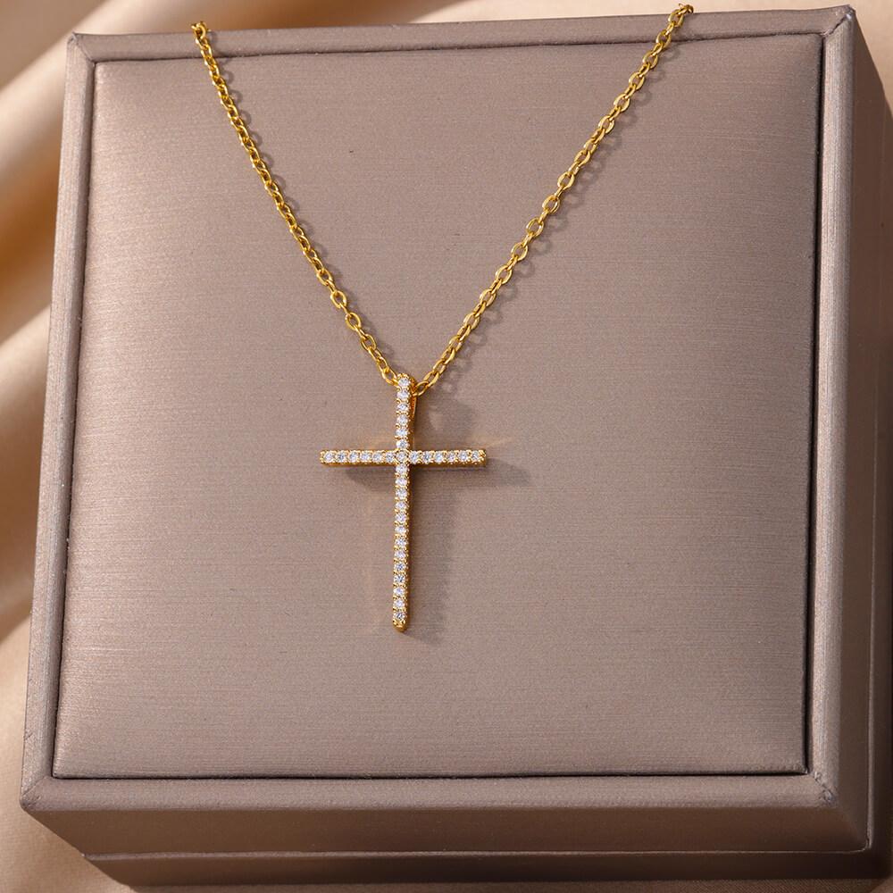 316L Stainless Steel Zircon Jesus Cross Pendant Necklaces For Women Hip Hop Gold Color Cross Necklace Party Jewelry Gift