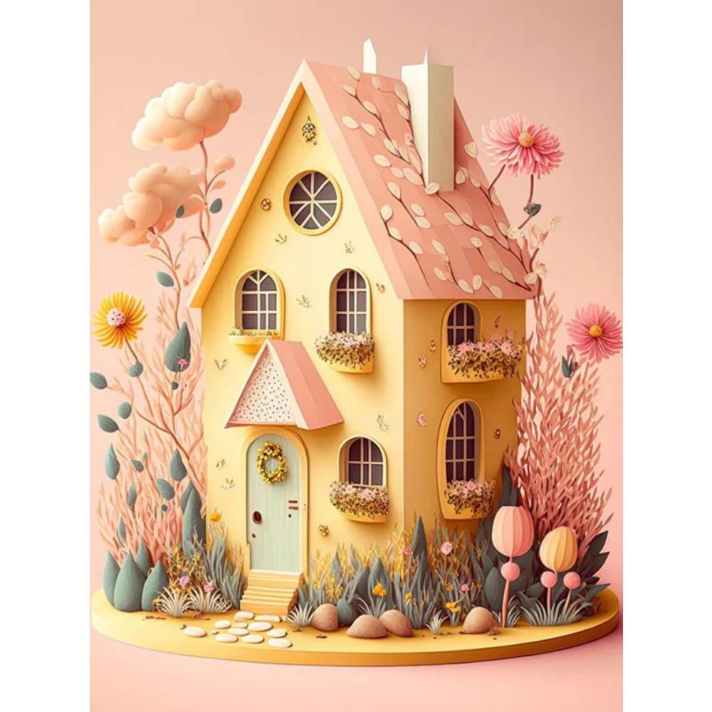 Алмазная картина Full Drill Art Розовый дом Животное Круглая алмазная живопись Ручная работа Звезда Кот Diy Алмазная мозаика Картина Украшение дома