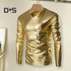 Мужская облегающая футболка с V-образным вырезом и длинным рукавом, модная блестящая бронзовая блестящая мужская блузка для вечеринок, сцен, выпускных вечеров