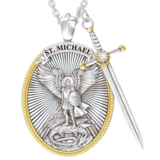 Round Shape Peculiar Design Angel Dragon Killer Warrior Necklace AVE