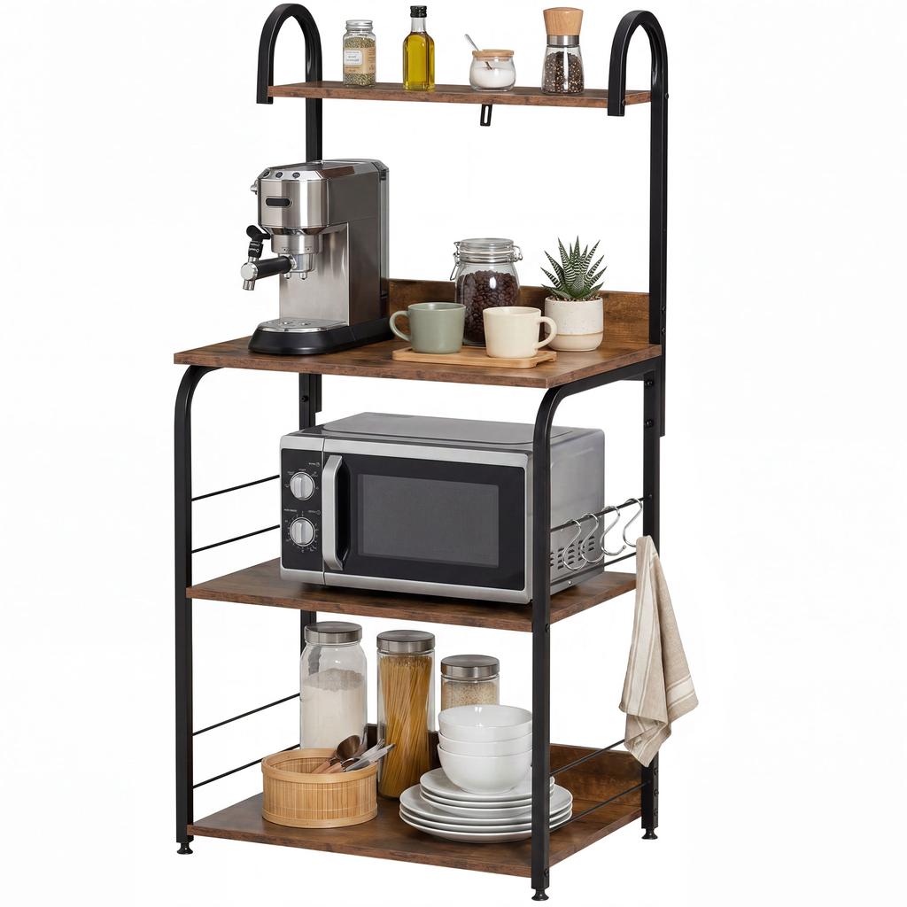 4 Tier Baker S Rack Microwave Stand With 4 Hooks Kitchen Storage Unit For Spices Pots And Pans Rustic Brown