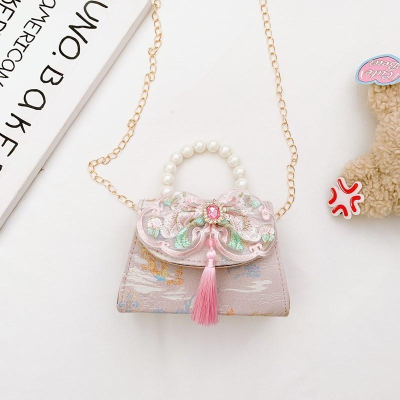 Lovely Geometric Patterned Shoulder Bag For Kids Featuring Chic Tassels And Elegant Pearls