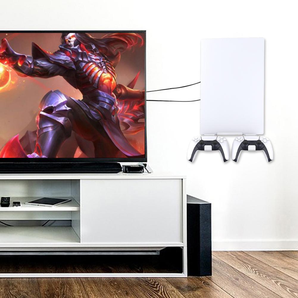 Wall Mount Host Stand with 2 Controller Hook Host Universal Wall Bracket Space Saver Storage Rack for PS5 Slim/PS5 Game Console