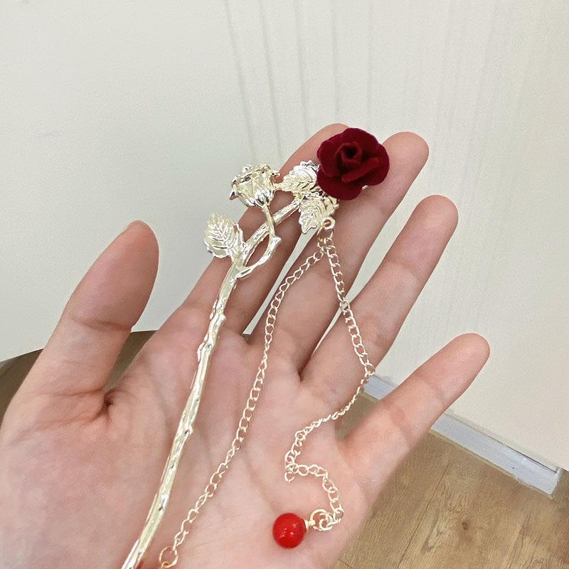 Винтажные палочки для волос с розами, прическа для женщин, простая красная заколка с цветком, аксессуары для волос, палочки для еды, диск для волос, головной убор, ювелирные изделия