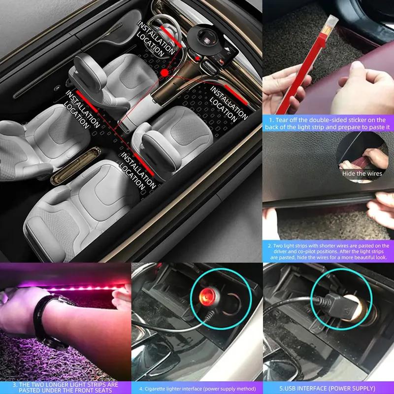 4in1 Symphony LED Interior Car Lights Strip Foot Light Dynamic Flash Light Music APP Control RGB Color 48SMD USB Car Accessories