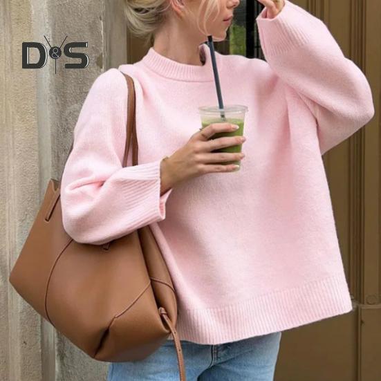 Женский зимний однотонный свитер с круглым вырезом, длинным рукавом, свободный крой, трикотажные топы, толстый теплый пуловер, джемпер в уличном стиле