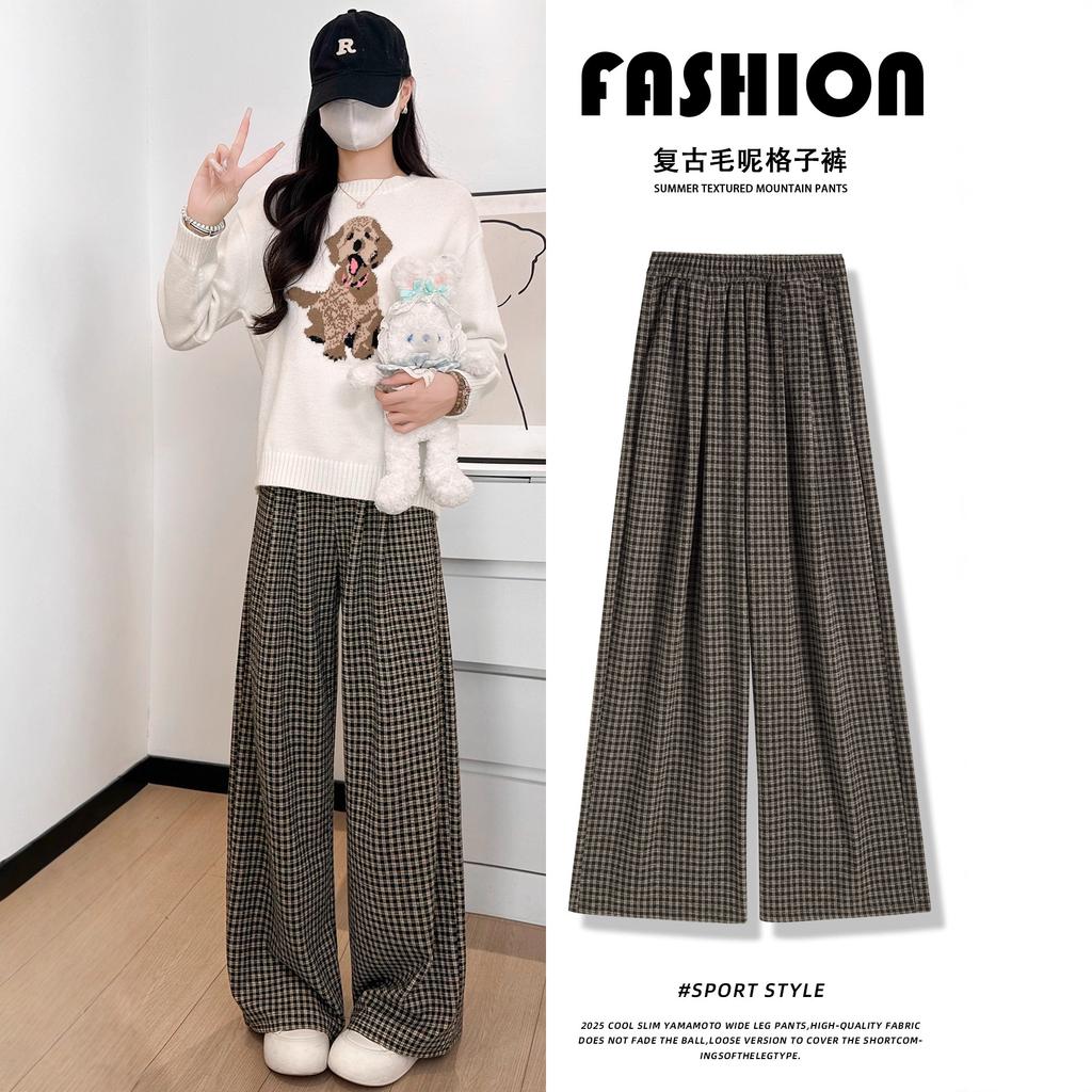 Plaid Straight Vertical Casual Pants Women's Autumn New Fat Mm Large Size Thin Pear-shaped Loose Wide-leg Pants