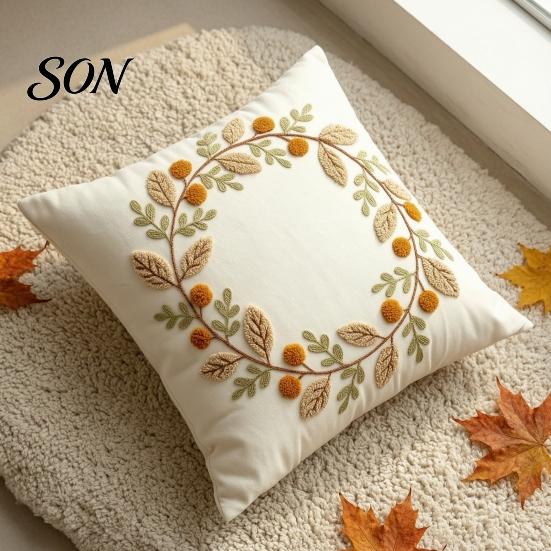Hidden Zipper Cushion Covers Autumn Wreath Cover, Thanksgiving Throw Pillow Leaf Embroidery Soft Cases Case for Sofa Couch Farmhouse Home Decor,
