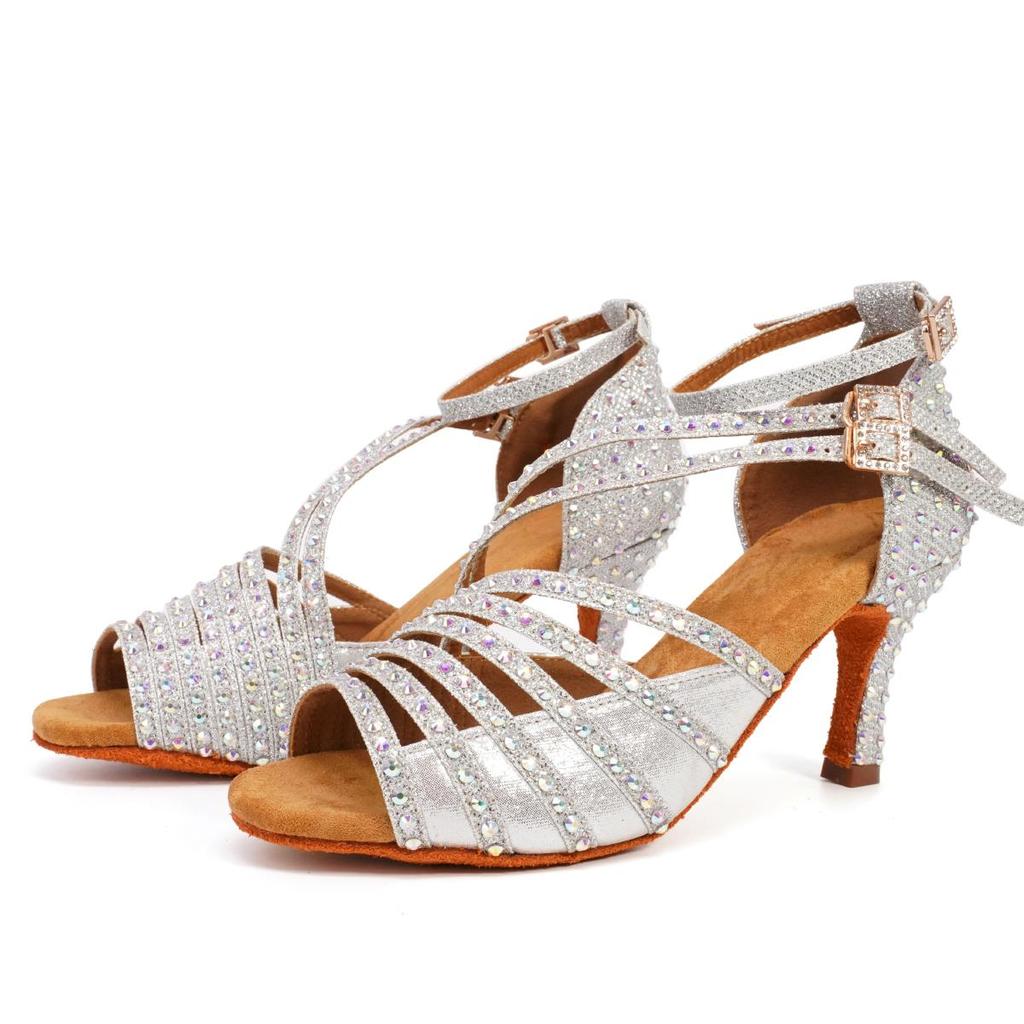 Women Latin Dance Shoes Shining Rhinestone Modern Dancing Shoes High Heel 7.5cm