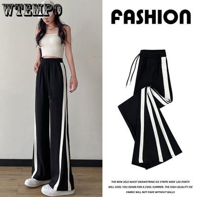 Женские брюки, черные шелковые брюки с высокой талией, широкие брюки, прямые повседневные брюки, полосатые спортивные штаны большого размера