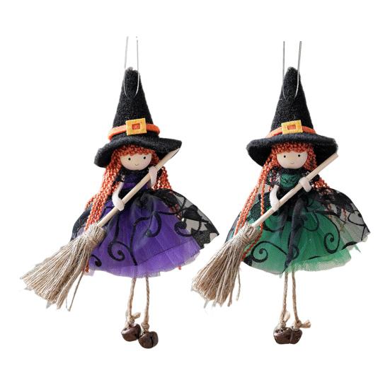 Halloween Witch Doll Decor with Broom Small Witch Figurine with Gauze Skirt Kitchen Hanging Witch Ornament for Room Door Window Halloween Decor