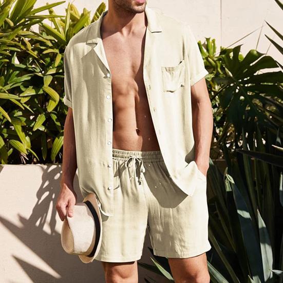 2 шт./компл., летний однотонный однобортный мужской спортивный костюм с отложным воротником, футболка с короткими рукавами + комплект шорт