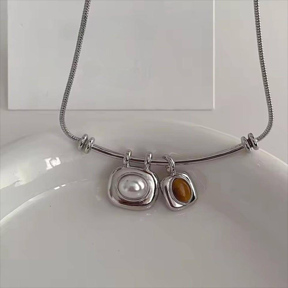 Imitation Pearl Tigereye Stone Pendant Necklaces Geometric Collarbone Necklace  Women