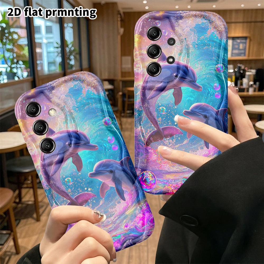 Phone Case: 2D Flat Samsung Galaxy A34 A35 M05 M06 S20 S22 S21 FE Plus 5G Protective Case, Dreamy Rainbow Dolphin, Christmas and Halloween Gift