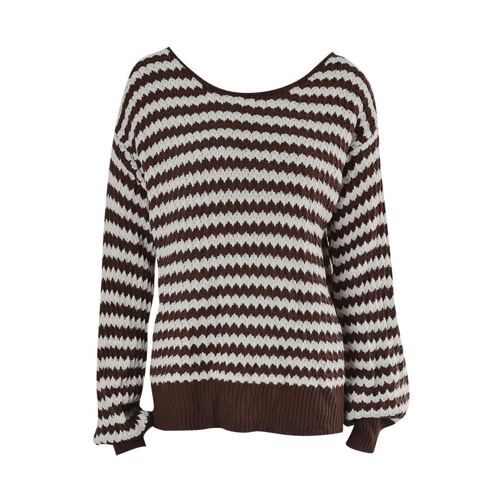 Winter Women's Oversized Long Sleeve Striped Sweater Casual Crewneck Side Split Tunic Pullover Jumper Knit Tops