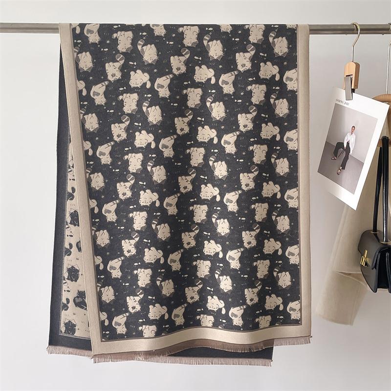 Cat Print Winter Warm Cashmere Scarf for Women Luxury Thick Blanket Shawl Wraps Pashmina Neckerchief Lady Poncho Echarpe