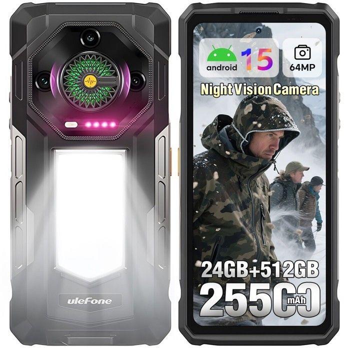 Неубиваемый мобильный телефон Ulefone Armor 33 24 ГБ + 512 ГБ 6,95" FHD+ 25500 мАч Смартфон Android 15 Dural SIM/64 МП/NFC/1100 Лм Черный