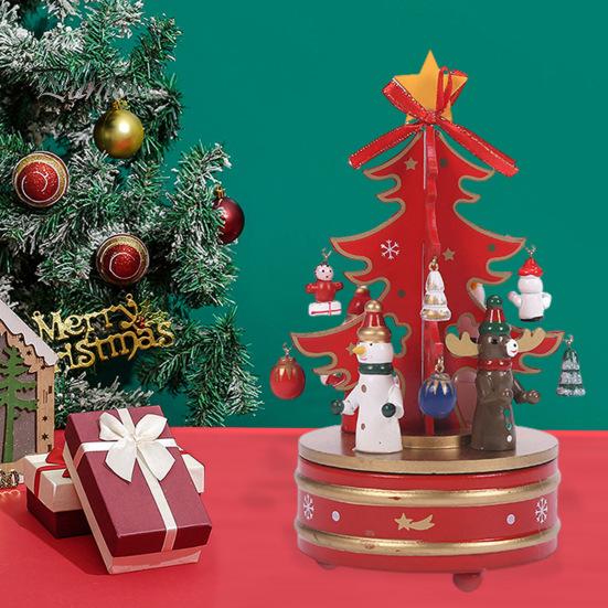 Wooden Christmas Tree Music Box Rotating Music Box Holiday Desktop Figurine for Living Room Bedroom Party Decoration