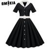 Summer Style Women's Reversible V-neck Middle Waistline Short Sleeve Belt Waist Clean Color Vintage Swing Dress