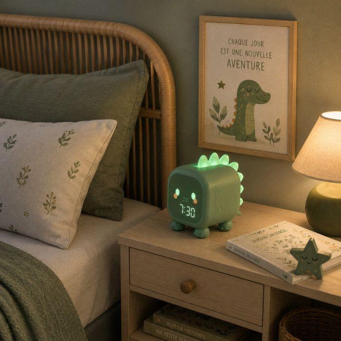 Réveil enfant - SHOP-STORY - Réveil Veilleuse Dino Vert - Veilleuse LED - Double alarme - Batterie rechargeable 15 jours