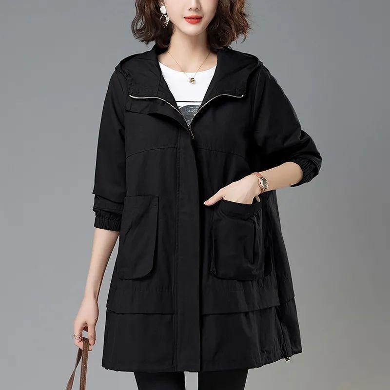 Подкладка Ветровка, Женская Средней Длины Свободного Кроя Корейская Мода 4XL Осень Весна Плащ, Женская Куртка с Капюшоном