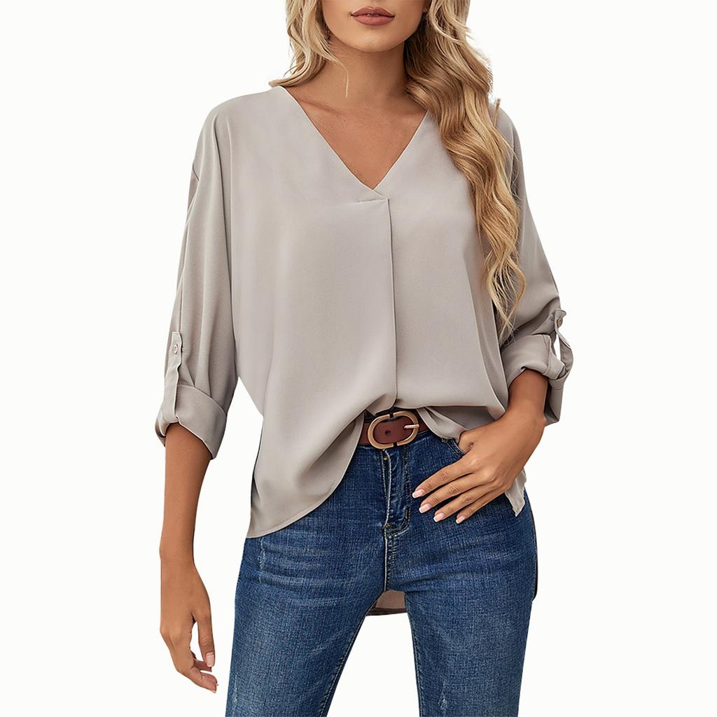 Solid Color Fashionable Chiffon Shirt Women's V-Neck Long-Sleeved Casual Top