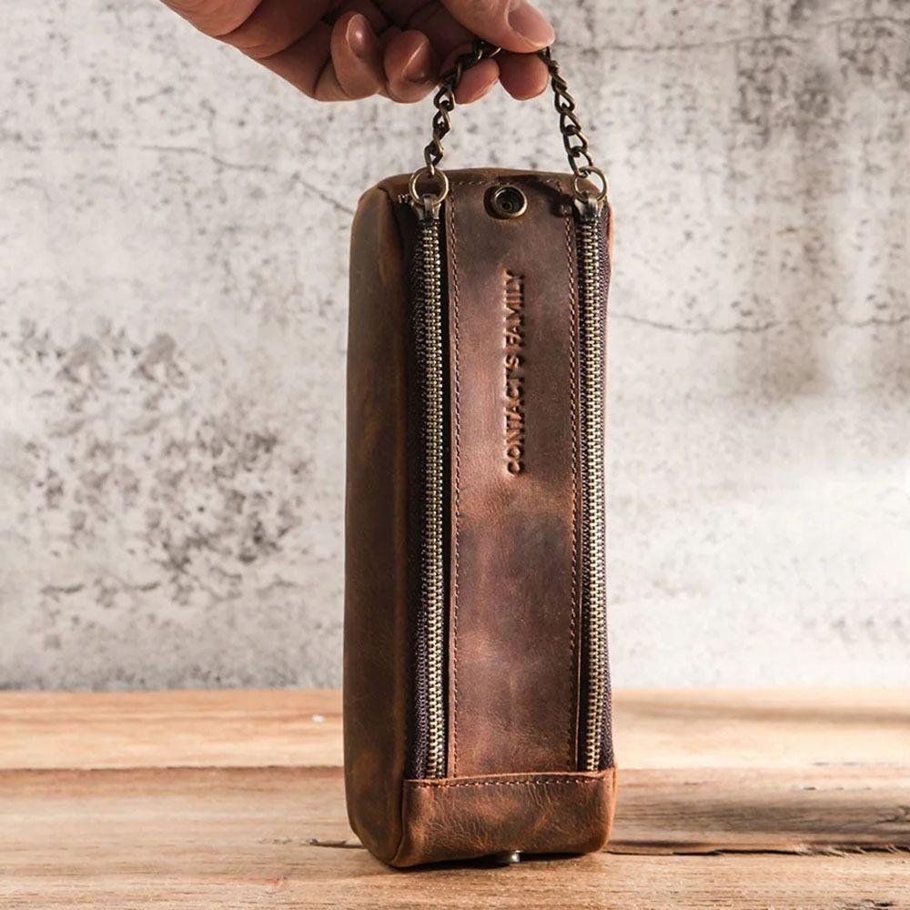 Leather Pen Pouch Holder Large Capacity Desktop Organizer Retro Zipper Pen Pencil Case  Stationary