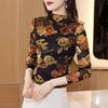 New Winter Style Plus Velvet Mesh Long-sleeved T-shirt for Women's Printed Half-high Neck Base Shirt Age-reducing Pullover Top