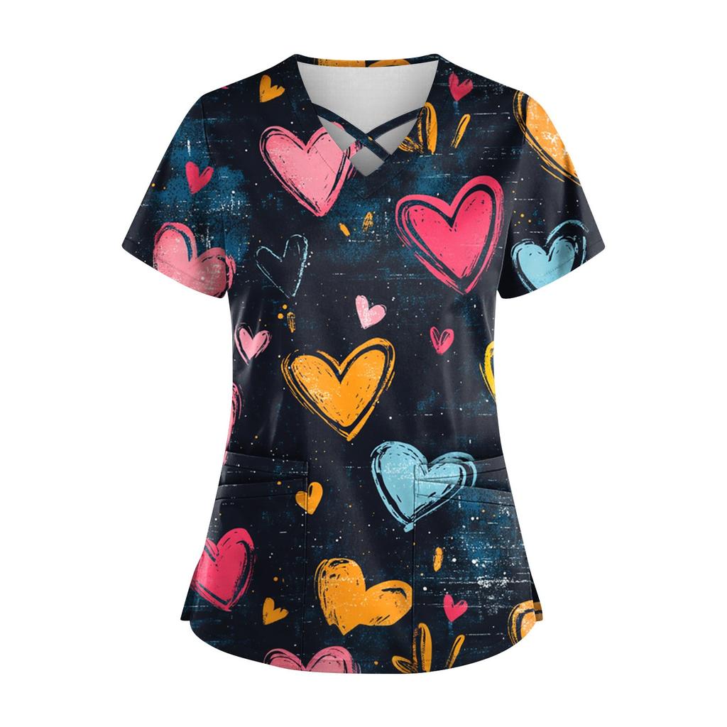 Женский топ с коротким рукавом и V-образным вырезом, принтом ко Дню святого Валентина, карманом Dry-nurse
