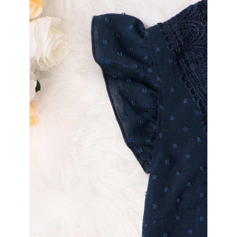 Кружевное кружевное пэчворк плиссированное V-образное декольте с небольшими рукавами-крылышками темпераментное элегантное платье