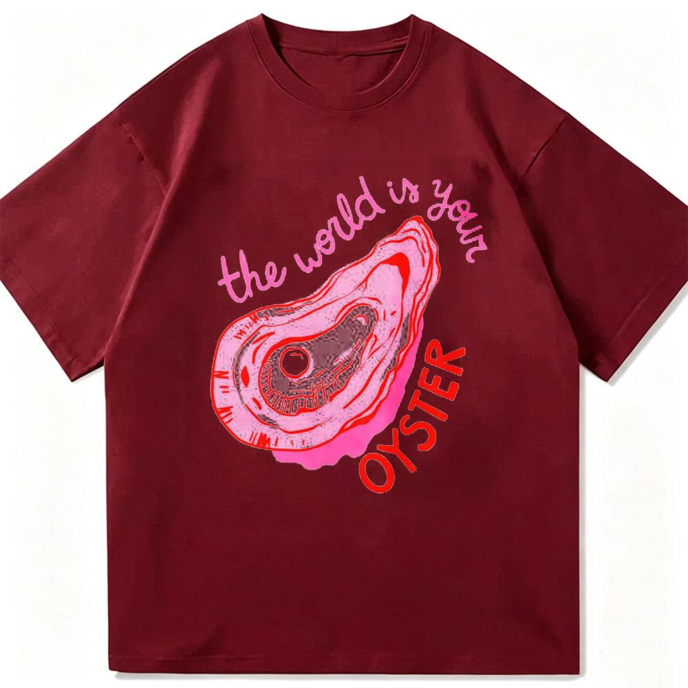 The World Is Your Oyster Pink Oyster Shell Print Tees Retro Coastal Vacation Oversized Cotton Unisex T Shirt