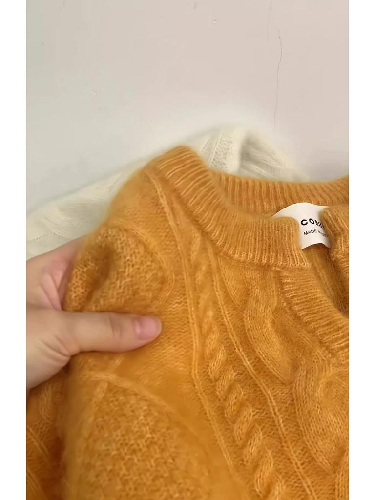 Женский утолщенный пуловер из мохеровой шерсти крупной вязки - оранжевый воротник, мягкий и уютный для осени/зимы