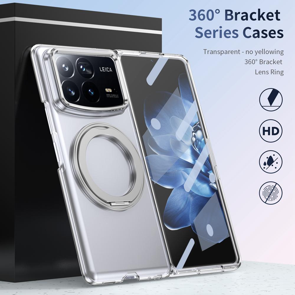 KEYSION Чехол-подставка с магнитным кольцом, вращающимся на 360°, для Xiaomi MIX Fold 4, прозрачная жесткая ПК-накладка для телефона со стеклянной защитной пленкой для экрана