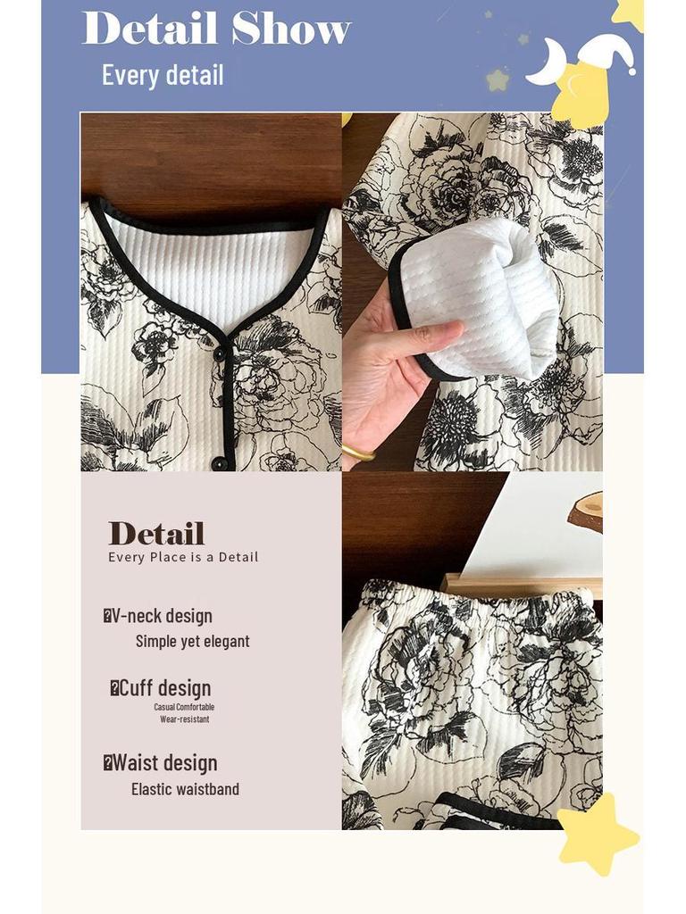 Многослойный комплект стеганой пижамы из хлопка с длинным рукавом для женщин - Повседневный кардиган для дома на осень/зиму